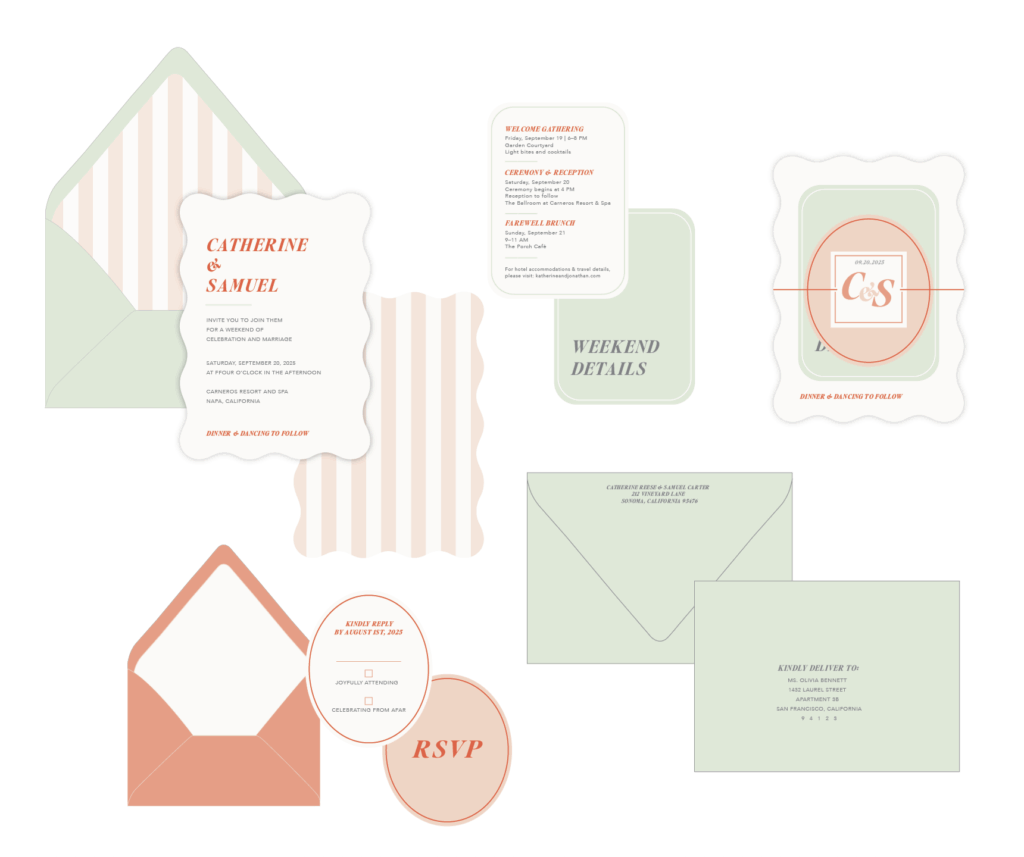 Digital mockup of a pastel wedding invitation suite featuring layered cards, elegant fonts, and soft romantic tones for a luxury Sonoma or Napa wedding.