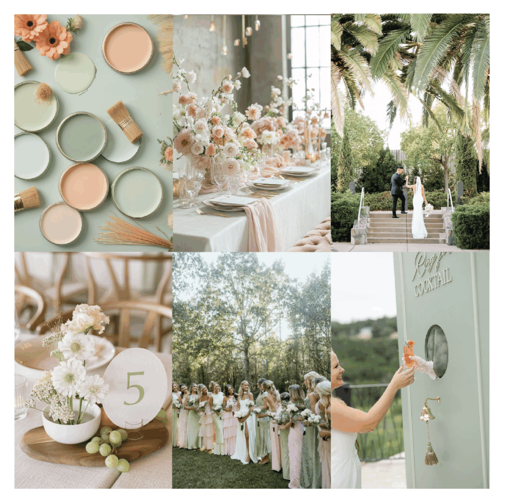 Pastel wedding inspiration mood board with blush, soft green tones, romantic florals, and modern typography ideas for custom invitations.