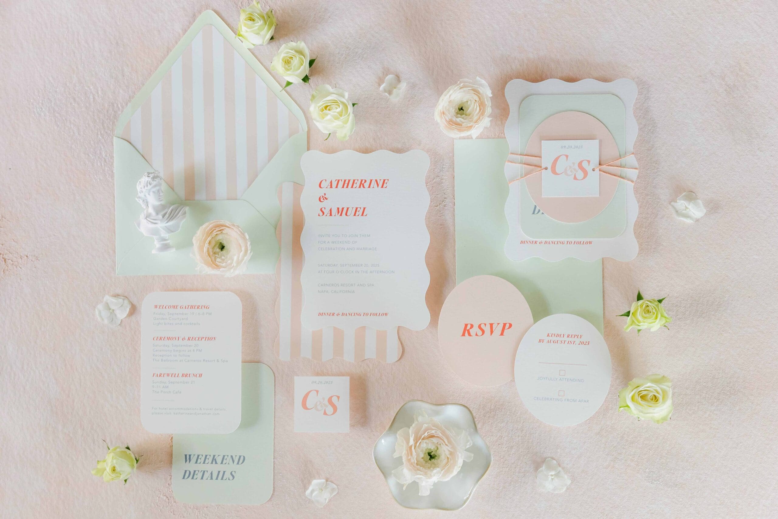 Pastel wedding invitation suite with layered cards and modern typography, designed for Napa and Sonoma weddings.