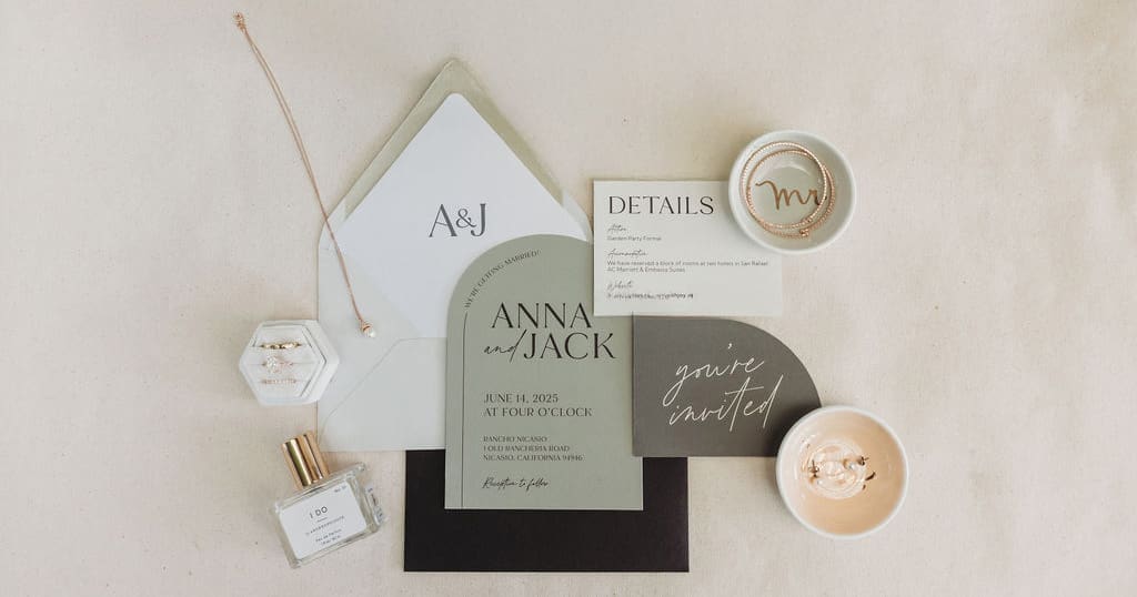 Anna and Jack’s Rancho Nicasio wedding stationery, modern neutral suite